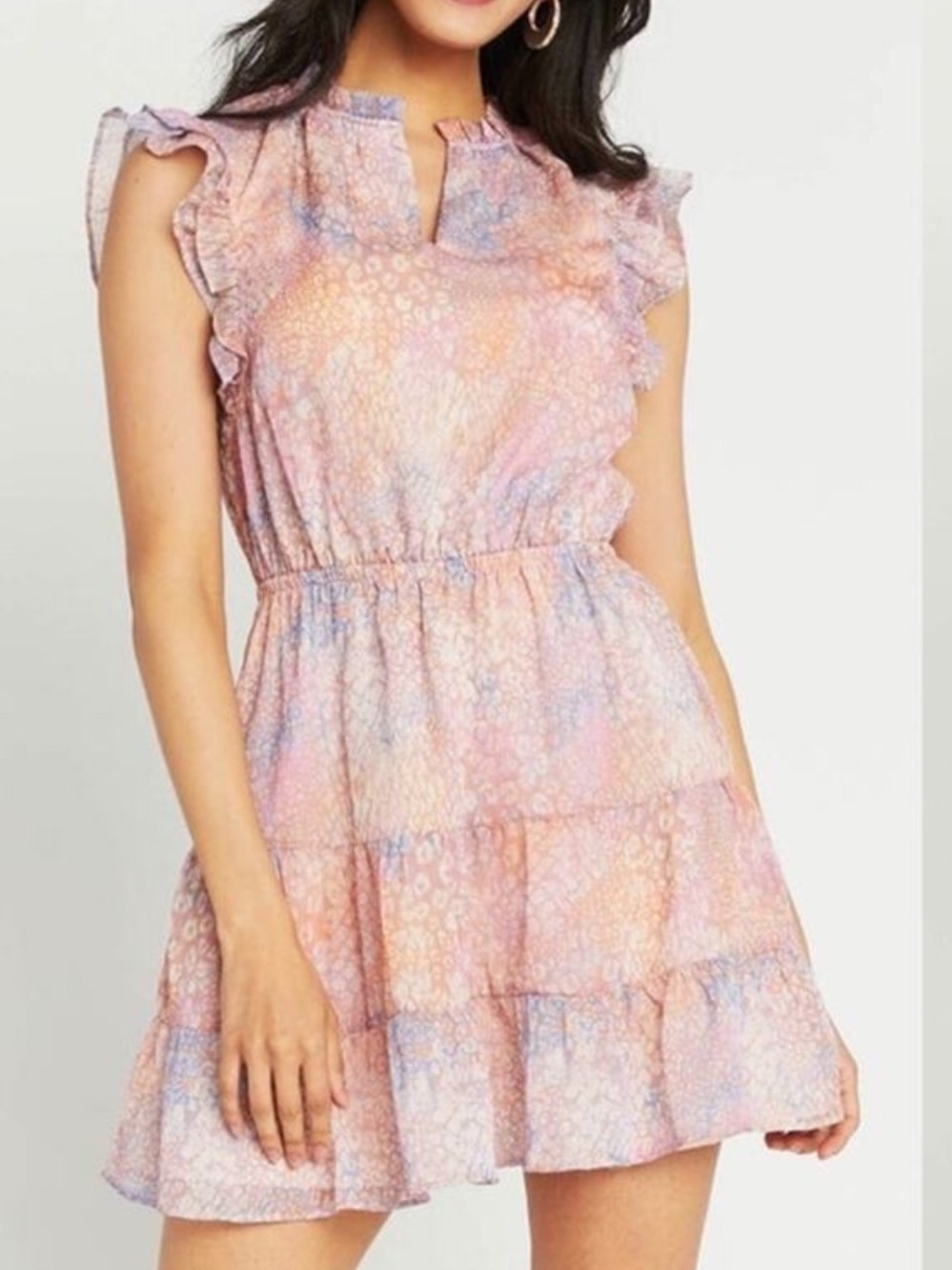 BB Dakota Steve Madden Pastel Pink Animal Print Ruffle Sleeve Tiered Mini Dress